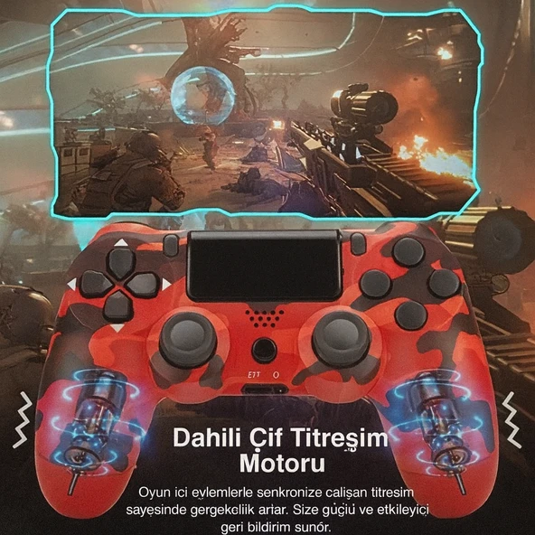 Yeni Nesil PS4 Kolu Kablosuz, Şarj Edilebilir, Ergonomik Titremeli Dayanıklı Oyun Dostu Kırmızı Kamuflaj - 5