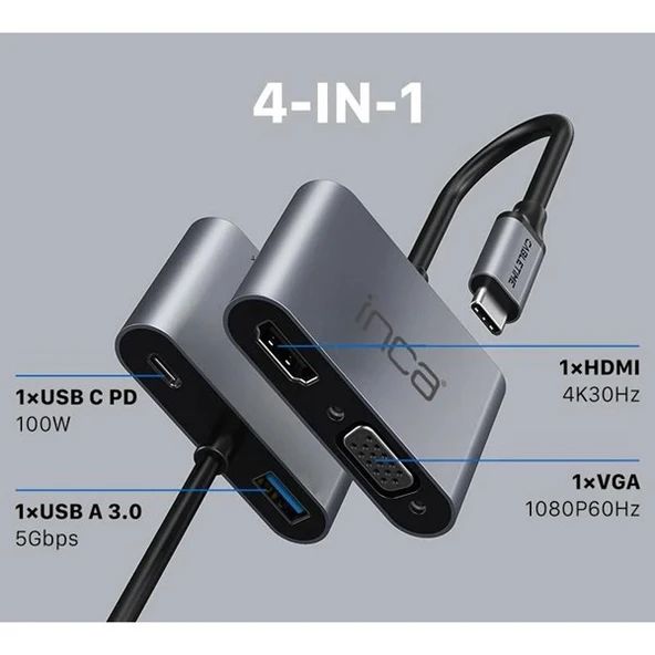 INCA ITPC-06T 0.15metre TYPE-C - HDMI_VGA(D) Görüntü Adaptörü Gümüş 100W - 2