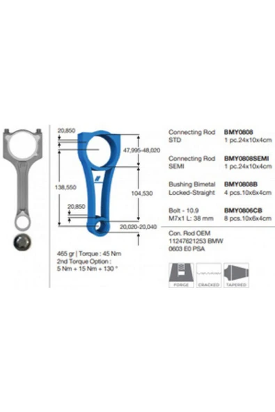 BMY PİSTON KOLU 1.6 P207-P208-P2008-P308-P3008-P508-C4-DS3-C3-DS4-MINI COOPER-ONE-BMW F20 11 612138 ürün görseli