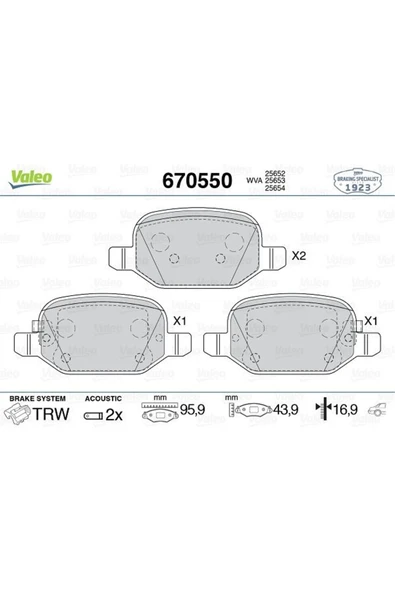 VALEO ARKA FREN BALATASI FIAT 500L 12 0.9 1.3DMTJ 1.4 1.6D MTJ RSZYN ürün görseli 1