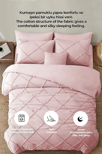 Pamuklu Yatak Örtüsü Seti Günlük Çift Kişilik Emmy Boho 3 Parça Dolgulu Tufting - 3