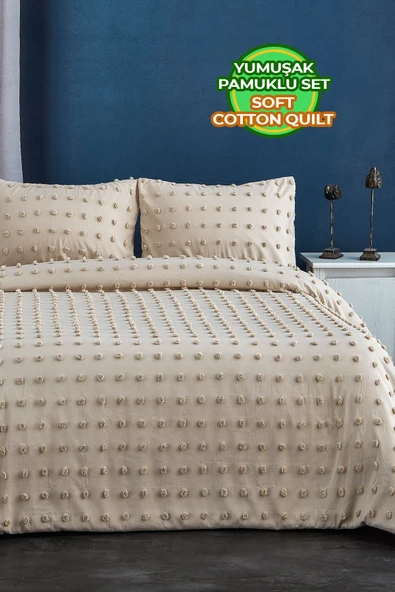 Pamuklu Yatak Örtüsü Seti Günlük Çift Kişilik Emmy Boho 3 Parça Dolgulu Tufting