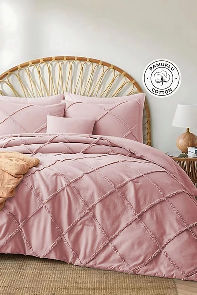 Pamuklu Yatak Örtüsü Seti Günlük Çift Kişilik Emmy Boho 3 Parça Dolgulu Tufting