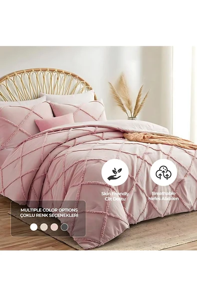 Pamuklu Yatak Örtüsü Seti Günlük Çift Kişilik Emmy Boho 3 Parça Dolgulu Tufting - 6