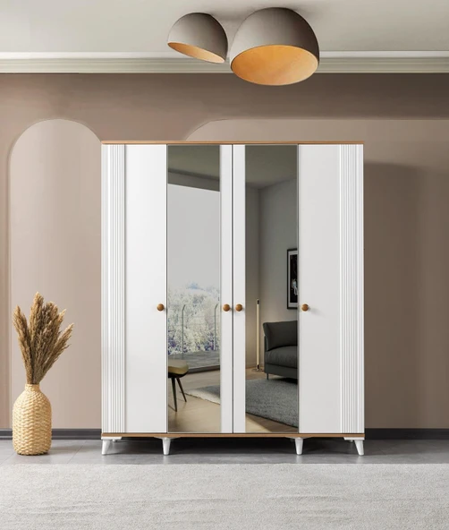 EVİMŞAH GARDIROP COUNTRY 4 KAPAKLI İNCİ AYNALI MEMBRAN DOLAP