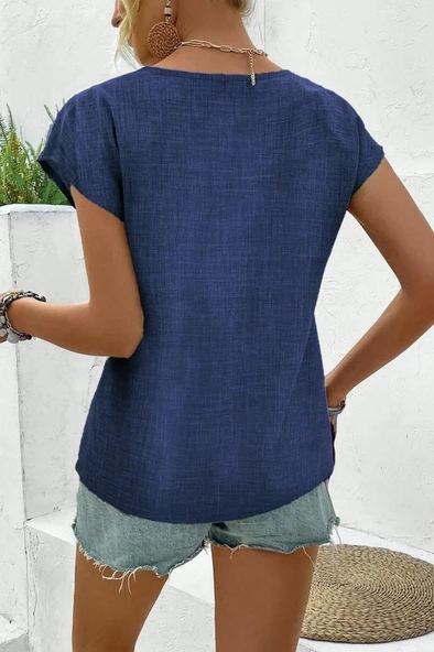 Lucky Life Kadın Kısa Kollu V Yakalı Düğmeli Keten Bluz - Resim 4