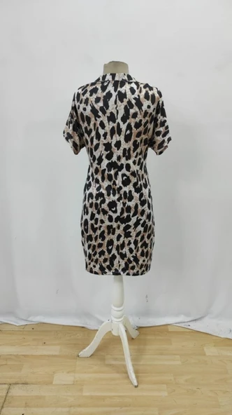 Lucky Life Kadın Kısa Kollu Yakalı Leopar Desenli Süprem Elbise - Resim 8