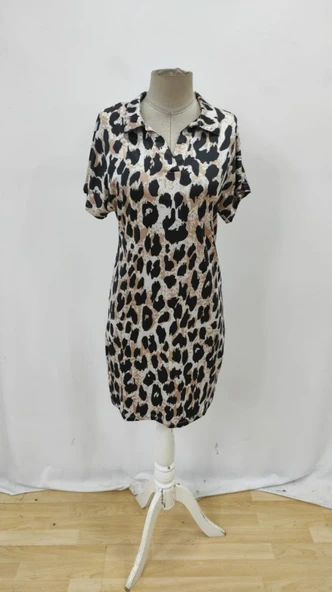 Lucky Life Kadın Kısa Kollu Yakalı Leopar Desenli Süprem Elbise - Resim 6