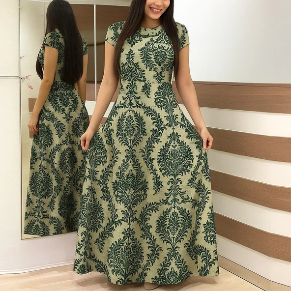 Lucky Life Kadın Kısa Kollu Bisiklet Yaka Puantiyeli Maksi örme Krep Elbise - Resim 3