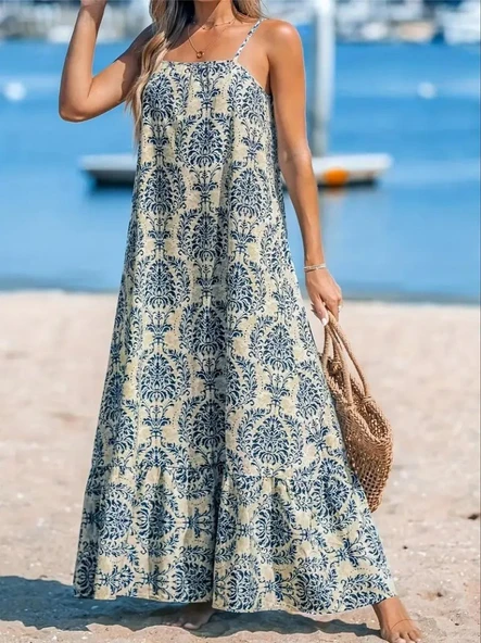 Lucky Life Kadın Ip Askılı Desenli Fırfırlı Süprem Elbise - Resim 4