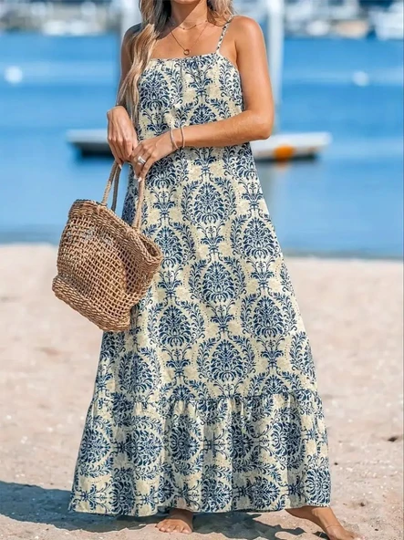 Lucky Life Kadın Ip Askılı Desenli Fırfırlı Süprem Elbise - Resim 3