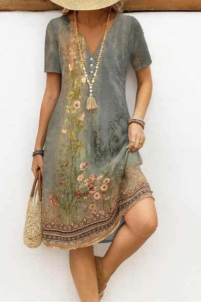 Lucky Life Kadın Kısa Kollu V Yakalı Desenli Süprem Elbise - Resim 2