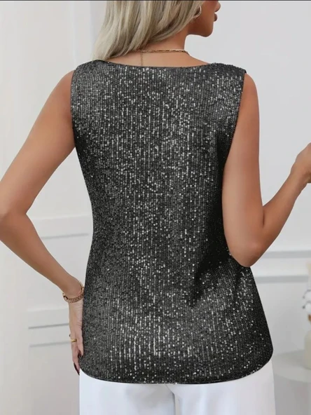 Pul Payetli Sıfır Kol Bluz -Siyah - Resim 12
