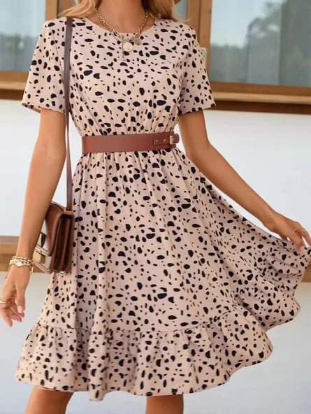 Lucky Life Kadın Kısa Kollu Bisiklet Yaka Desenli Süprem Elbise - Resim 7