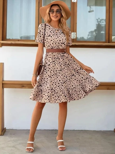 Lucky Life Kadın Kısa Kollu Bisiklet Yaka Desenli Süprem Elbise - Resim 6