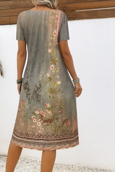 Lucky Life Kadın Kısa Kollu V Yakalı Desenli Süprem Elbise - Resim 3