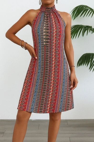 Lucky Life Kadın Kolsuz Boyundan Askılı Desenli Midi Süprem Elbise - Resim 4