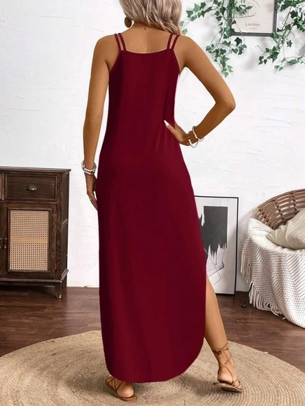 Lucky Life Kadın Askılı Yuvarlak Yaka Asimetrik Detaylı Viskon Elbise - Resim 9