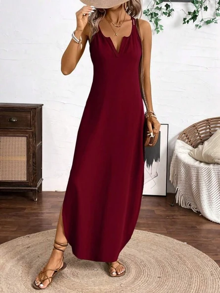 Lucky Life Kadın Askılı Yuvarlak Yaka Asimetrik Detaylı Viskon Elbise - Resim 11