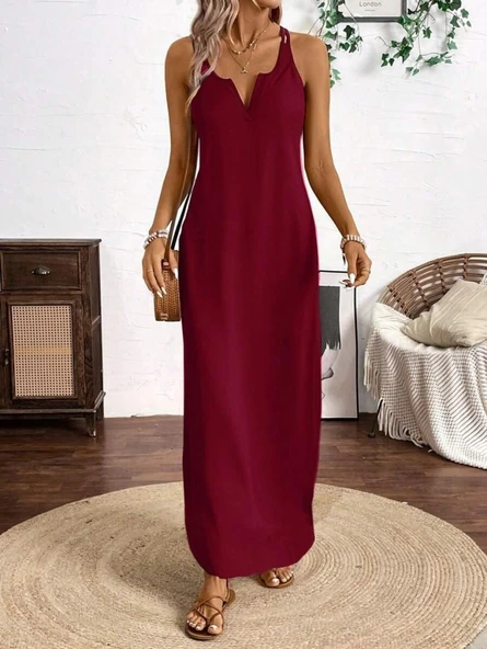 Lucky Life Kadın Askılı Yuvarlak Yaka Asimetrik Detaylı Viskon Elbise - Resim 4