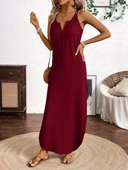 Lucky Life Kadın Askılı Yuvarlak Yaka Asimetrik Detaylı Viskon Elbise ürün görseli 1