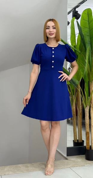 Lucky Life Kadın Kısa Kollu Bisiklet Yaka önden Düğmeli Ithal Krep Elbise - Resim 2