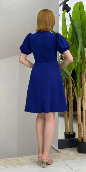 Lucky Life Kadın Kısa Kollu Bisiklet Yaka önden Düğmeli Ithal Krep Elbise - Resim 3