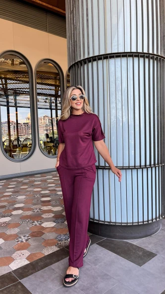 Lucky Life Kadın Kısa Kollu Bisiklet Yaka Omuzdan Düğmeli Viskon Iki Iplik Kısa Bluz Ve Pantolon Ikili Takım - Resim 3