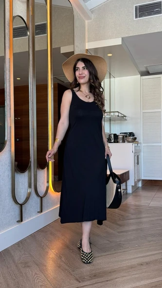 Lucky Life Kadın Askılı Yuvarlak Yakalı Viskon Elbise - Resim 2