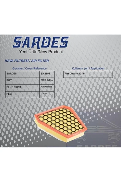 Sardes HAVA FİLTRESİ FIAT DUCATO III-DUCATO III 4X4-DUCATO III PANORAMA-DUCATO III PANORAMA 4X4 1395 ürün görseli