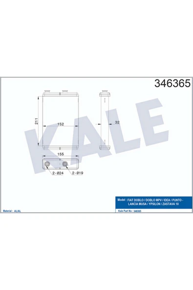 KALE Kalorifer Radyatörü [ Fiat Doblo 2001- , Punto 2001- , Idea 2004- Klimasız Brazing ] 540133 ürün görseli 1