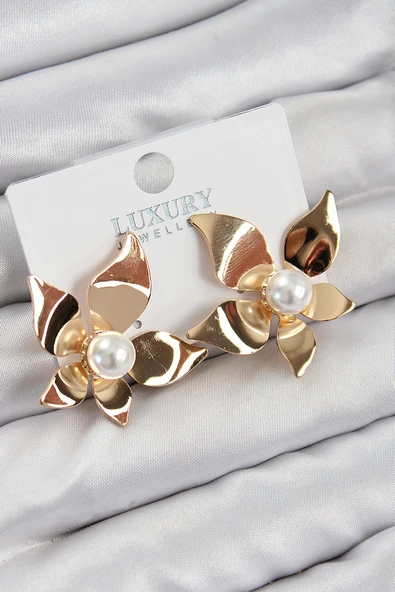 Pirinç İnci Detaylı Çiçek Model Gold Renk Kadın Küpe - TJ-BKP11031 ürün görseli