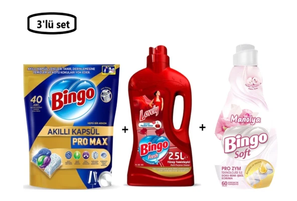 Bingo Akıllı Kapsül Pro Max Bulaşık Makinesi Deterjanı 40 Tablet+Bingo Fresh Lovely Yüzey Temizleyici 2.5 L+Bingo Soft Manolya Konsantre Çamaşır Yumuşatıcısı 1440 Ml-(3'lü set) ürün görseli 1