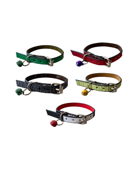 5 li Karışık Renk ve Desenli Deri Zilli Kedi Tasması ürün görseli 1