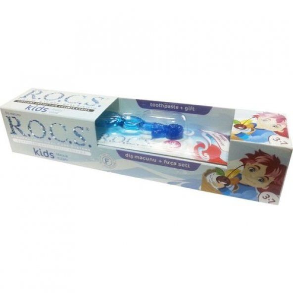 Rocs Kids 3 - 7 Yaş Çocuklar için Florürsüz Diş Macunu Ve Fırça Seti - Mavi