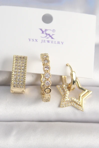 Pirinç Gold Renk Zirkon Taşlı Yıldız Figür Halka Model 3'Lü Kadın Kombin Küpe - TJ-BKP10437 ürün görseli