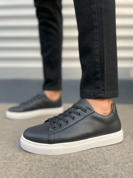 JY122 Mode Bağcıklı Cilt Erkek Günlük Sneaker Ayakkabı CBT - Siyah - 2