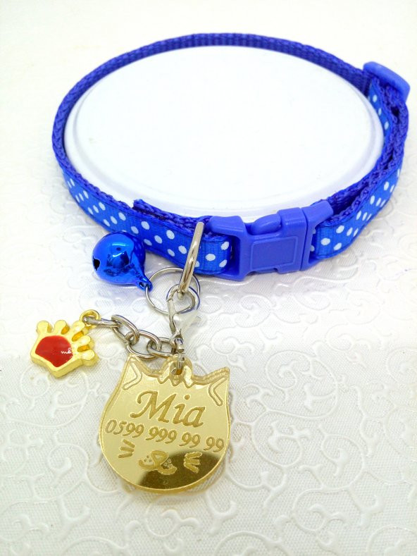 Kedi Tasması ve Kedi İsim Künyesi  Set (Kral Tacı Figürü-Gold Kedi- Mavi Tasma)