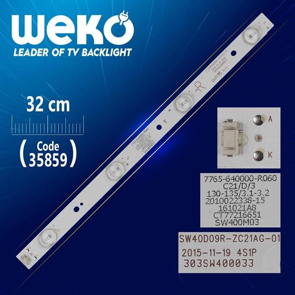 SW40D09R-ZC21AG-01 - 4S1P - 303SW400033 - R TYPE - (32 Cm) - 4 Ledli - (WK-1321) Tv Led Bar ürün görseli