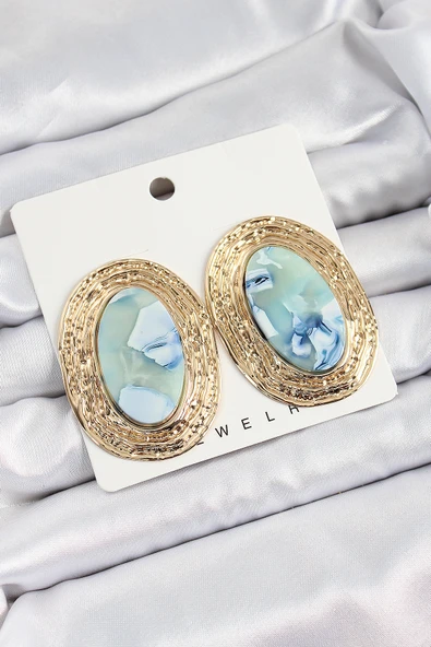 Pirinç Mermer Desenlli Mavi Sedef Oval Vintage Model Gold Renk Kadın Küpe - TJ-BKP10777 ürün görseli 1