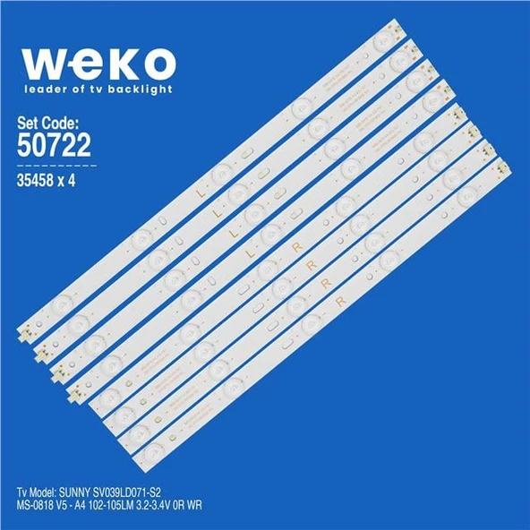 Wkset-5722 35458X4 Ms-0818 V5 - A4 102-105Lm 3.2-3.4V 0R Wr 4 Adet Led Bar  İkiye Bölünmüş ürün görseli 1