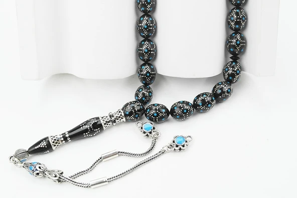 Kule Model Mavi Mine ve Gümüş İşlemeli Oltu Sıkması Tespih ürün görseli