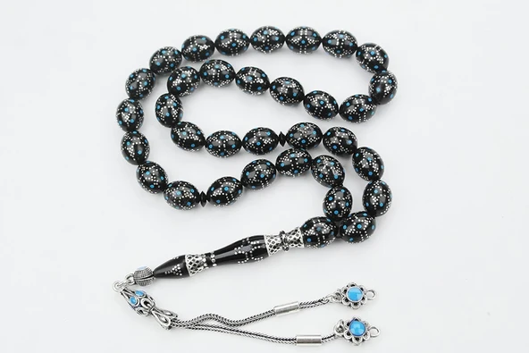 Kule Model Mavi Mine ve Gümüş İşlemeli Oltu Sıkması Tespih - Resim 2