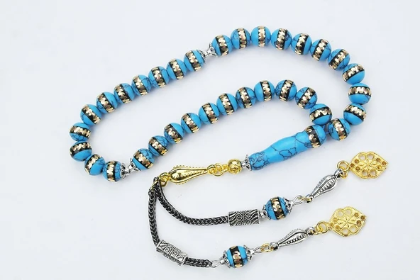 Turkuaz (Firuze) Pirinç Sarma İşlemeli Tespih - Resim 2