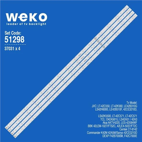 Wkset-6298 37031X4 Led42d15-01 (C) 3034201520V  4 Adet Led Bar ( Tvnizin içindeki led barla aynısı olduğunu görmeden almayınız. Led bar ürünlerinde paket açıldığında iade kabul edilmemektedir. ) ürün görseli 1