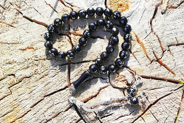 Üçhilal İşlemeli Oltu Sıkması Tespih - Resim 4