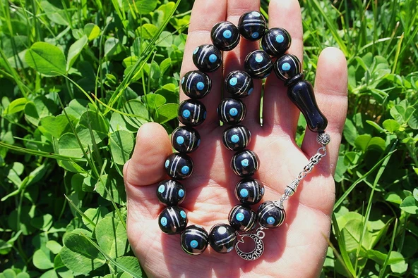 Maskot Mavi Firuze Karpuz İşlemeli Oltu Sıkma Tespih - Resim 3