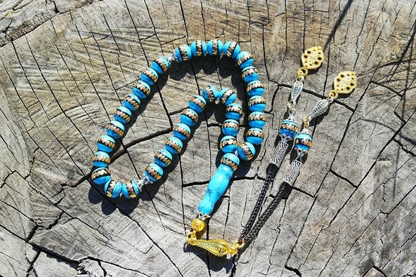 Turkuaz (Firuze) Pirinç Sarma İşlemeli Tespih - Resim 4