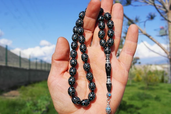 Kule Model Mavi Mine ve Gümüş İşlemeli Oltu Sıkması Tespih - Resim 3