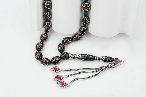 Kule Model Gümüş İşlemeli Oltu Sıkması Tespih - Resim 2